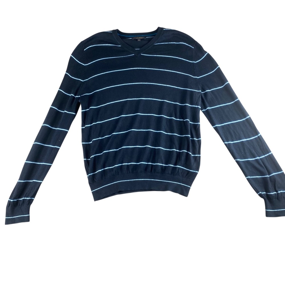 Banana Republic Mens V Neck Striped Silk Cashmere Sweater Sz‎ Lg Navy Light Blue
